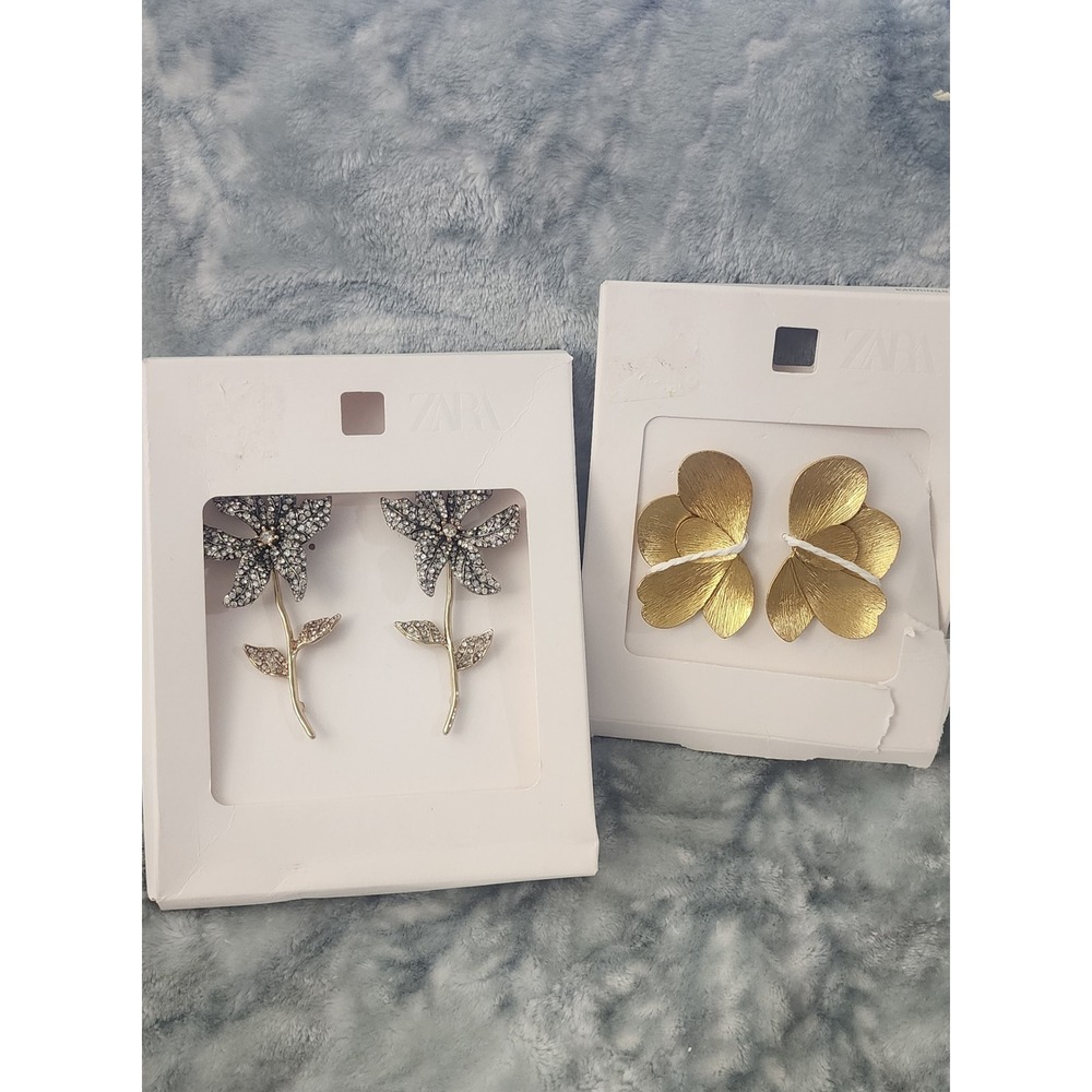 Zara Statement Earrings Set Rhinestone Floral & Textured Gold Petal Lot 2 Pairs